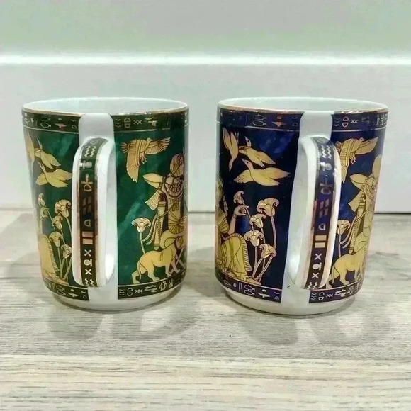 Egyptian Sculpture Coffee Mug Fine Royal Porcelain Set Of 2 Cups Gold Green Blue - Picture 2 of 7
